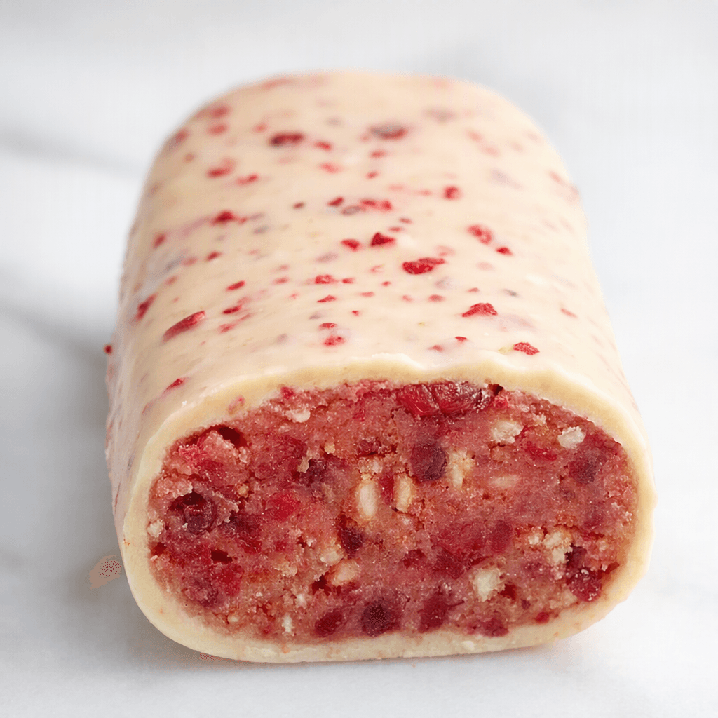 A compact, rounded rectangular bar with a pale coating, pink-red berry flecks, and a dense pinkish interior visible at the cut end.