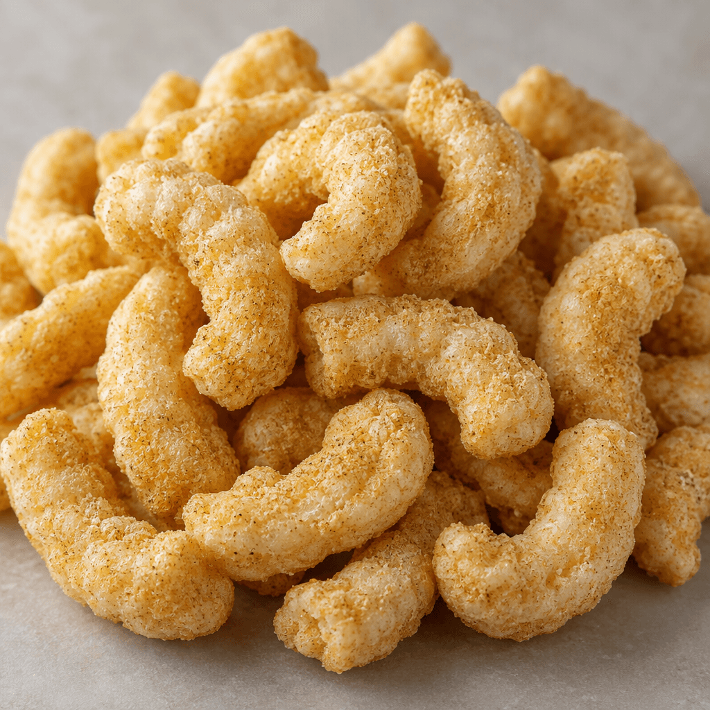 Small, airy, curved snack pieces with uneven ridged surfaces, coated in a fine pale golden-beige powder and served in a loose pile.