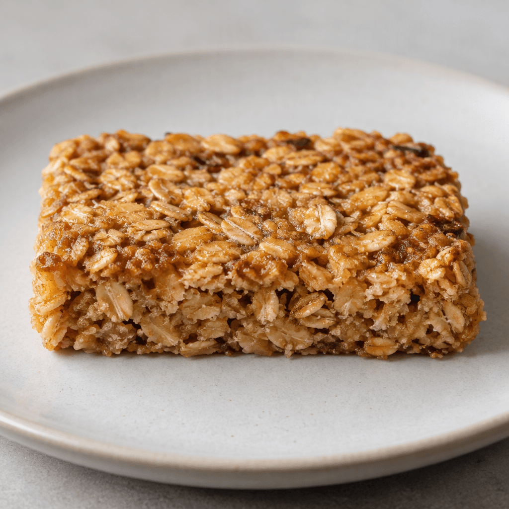 A compact, roughly rectangular oat snack bar with a golden-brown surface, visible oat flakes, and a slightly uneven, dense texture, served on a plain plate.