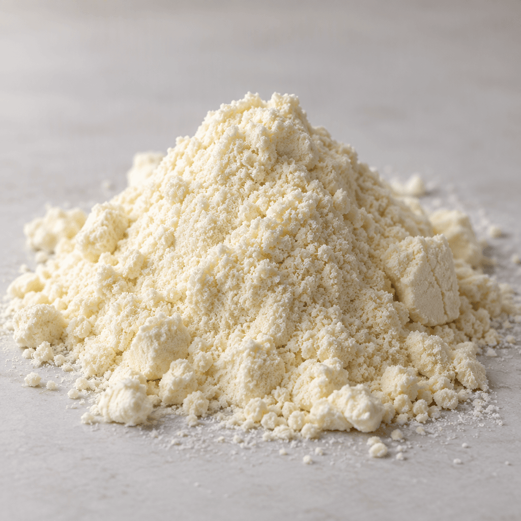 A small mound of fine, pale cream-colored whey protein powder with a soft, slightly clumpy texture rests on a clean surface.