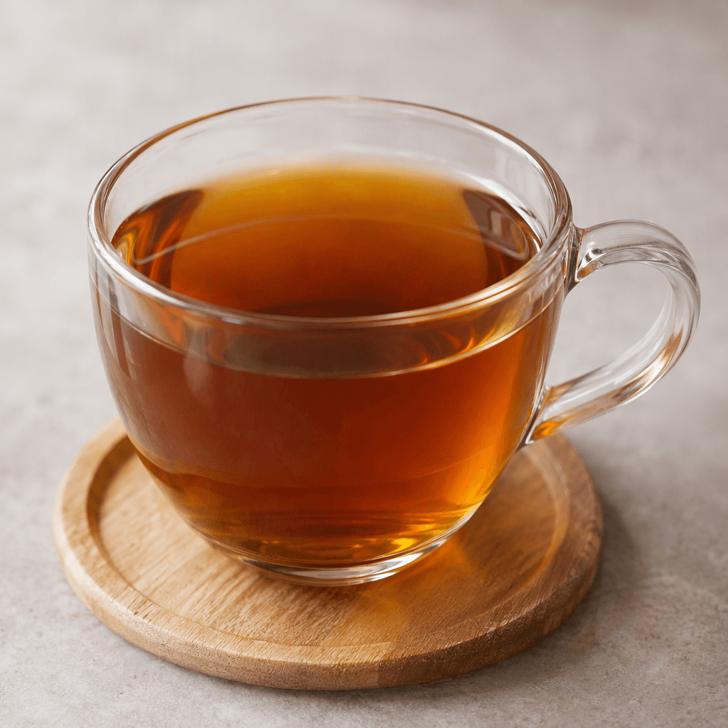A clear amber-brown tea sits in a transparent cup, with no visible garnish.