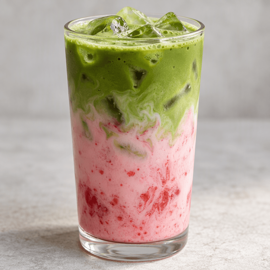 Üstte canlı matcha yeşili, altta yumuşak çilek pembesi görünen soğuk içecek; iki rengin birleştiği yerde ince geçişler ve hafif girdaplar var.