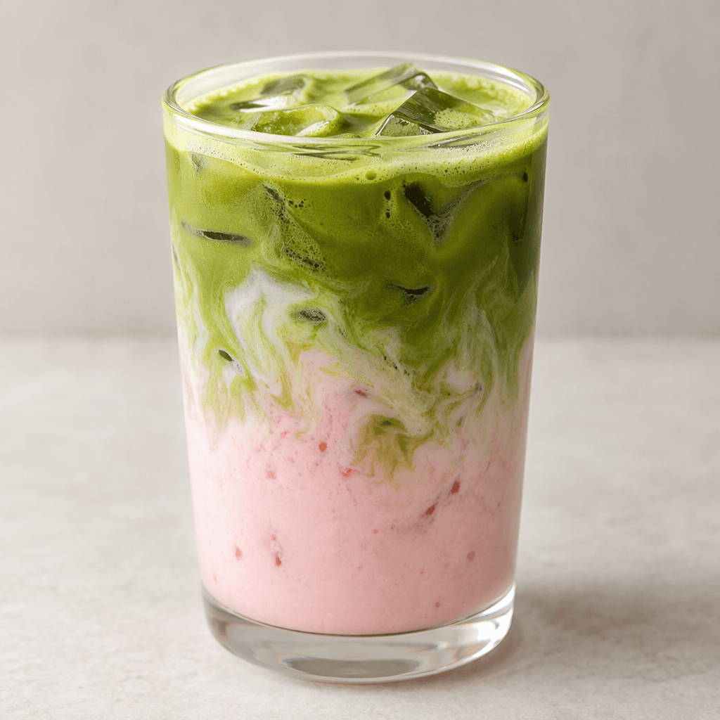A creamy latte with a pale pink strawberry-colored base and a vivid green matcha layer, softly blending into marbled swirls in a clear glass.