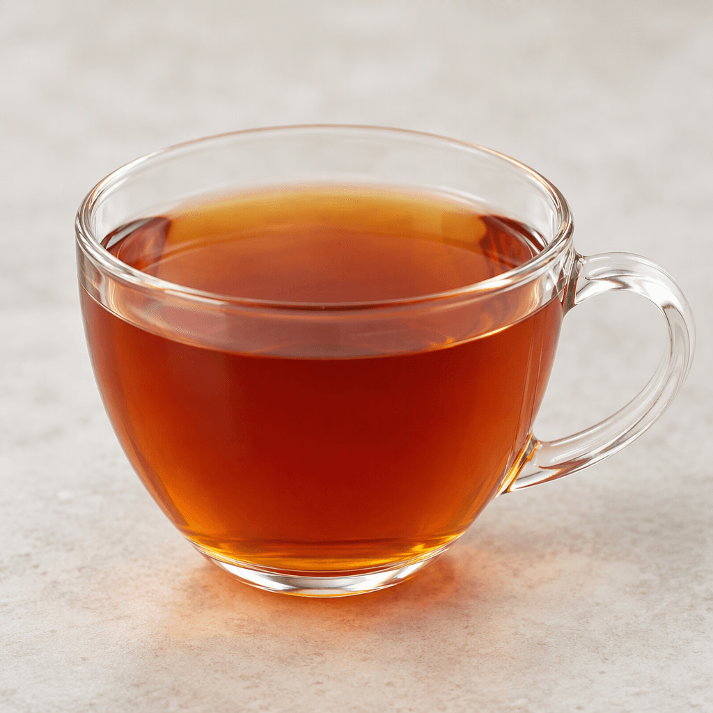 Clear reddish-amber tea is served in a cup, with no visible pieces or garnish.
