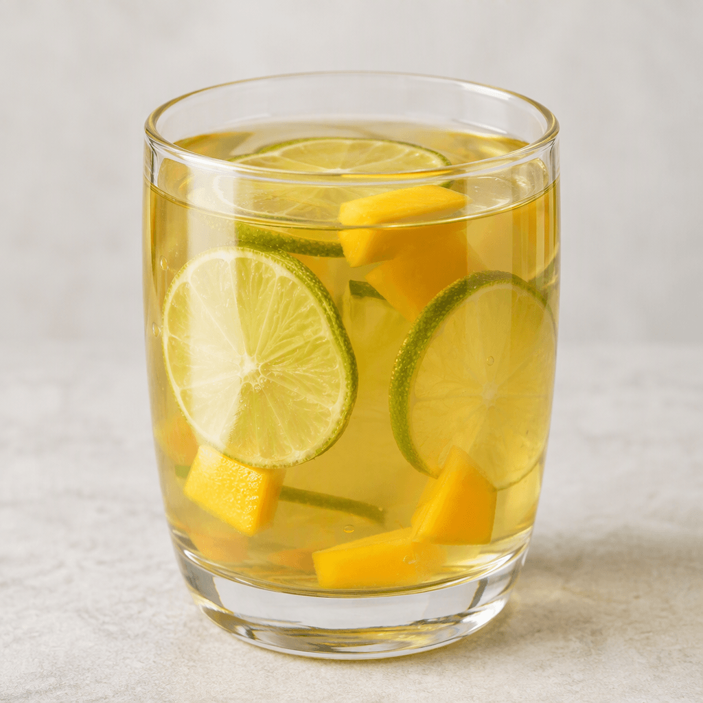 İnce limon dilimleri ve mango tonunda küçük parçaların göründüğü, açık ve şeffaf sarı-yeşil çayla doldurulmuş cam bir bardak.