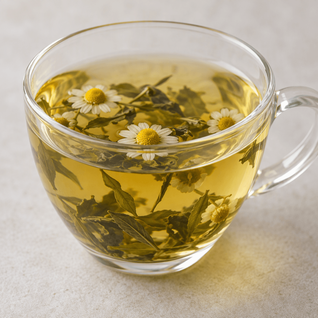 A clear, pale golden-green tea sits in a cup, with a few small chamomile blossoms and green tea leaves visible through the infusion.