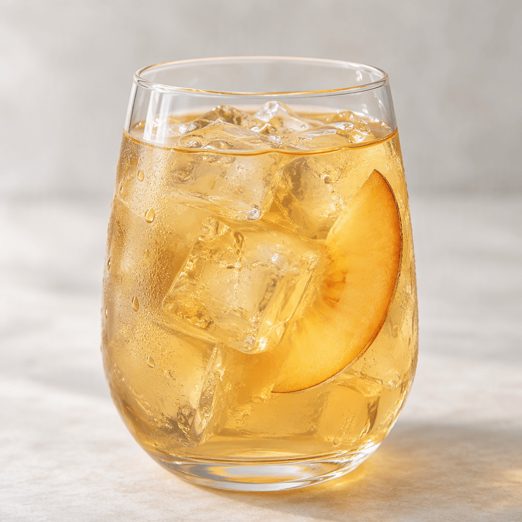 Translucent pale golden-amber tea fills a clear glass, with ice cubes and a thin peach slice visible in the drink.