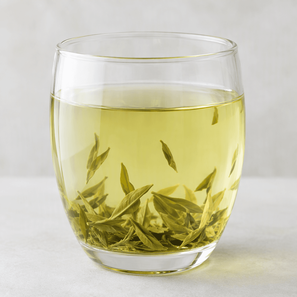 A clear, pale golden-green tea is shown in a drinking glass, with a light, translucent appearance.