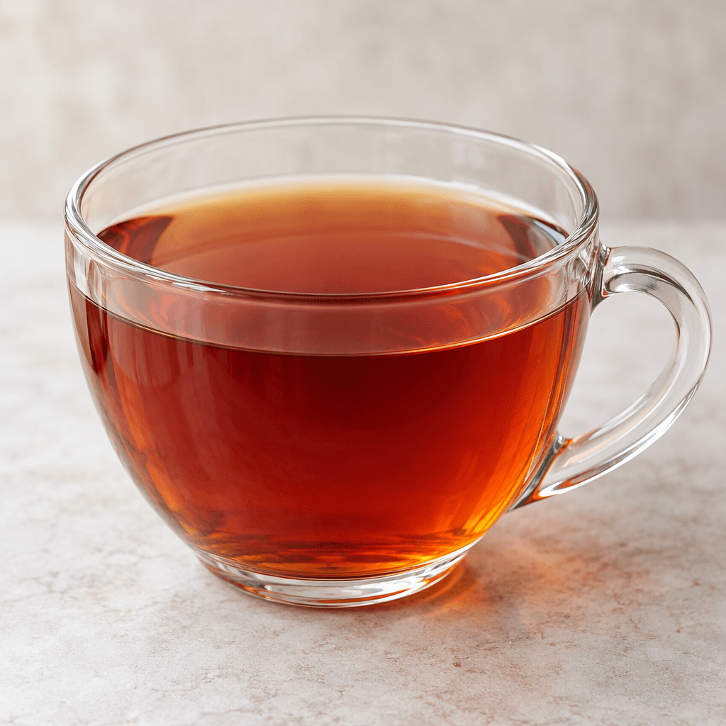 A clear cup holds a translucent reddish-amber herbal infusion with a smooth surface and no visible garnish.