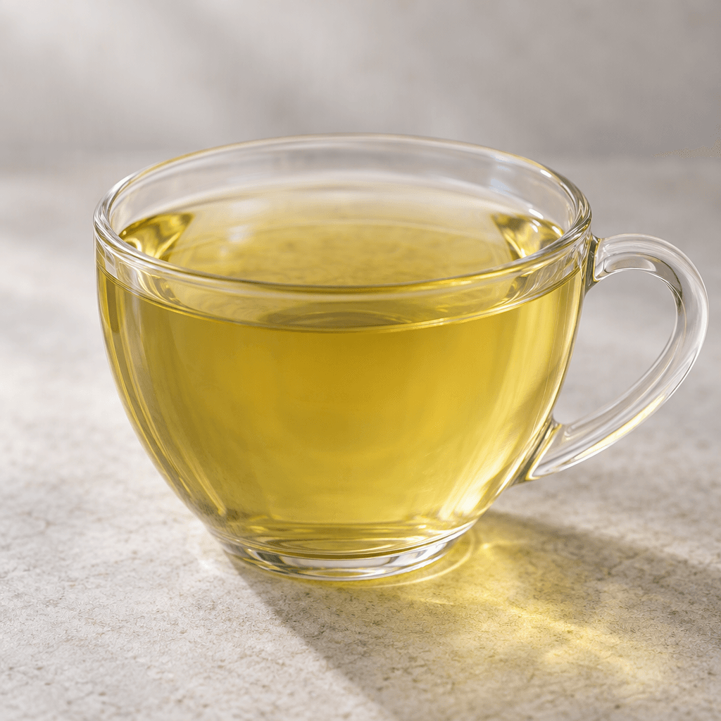 A clear, pale golden-green tea sits in a plain transparent cup, with no visible fruit pieces or other ingredients.