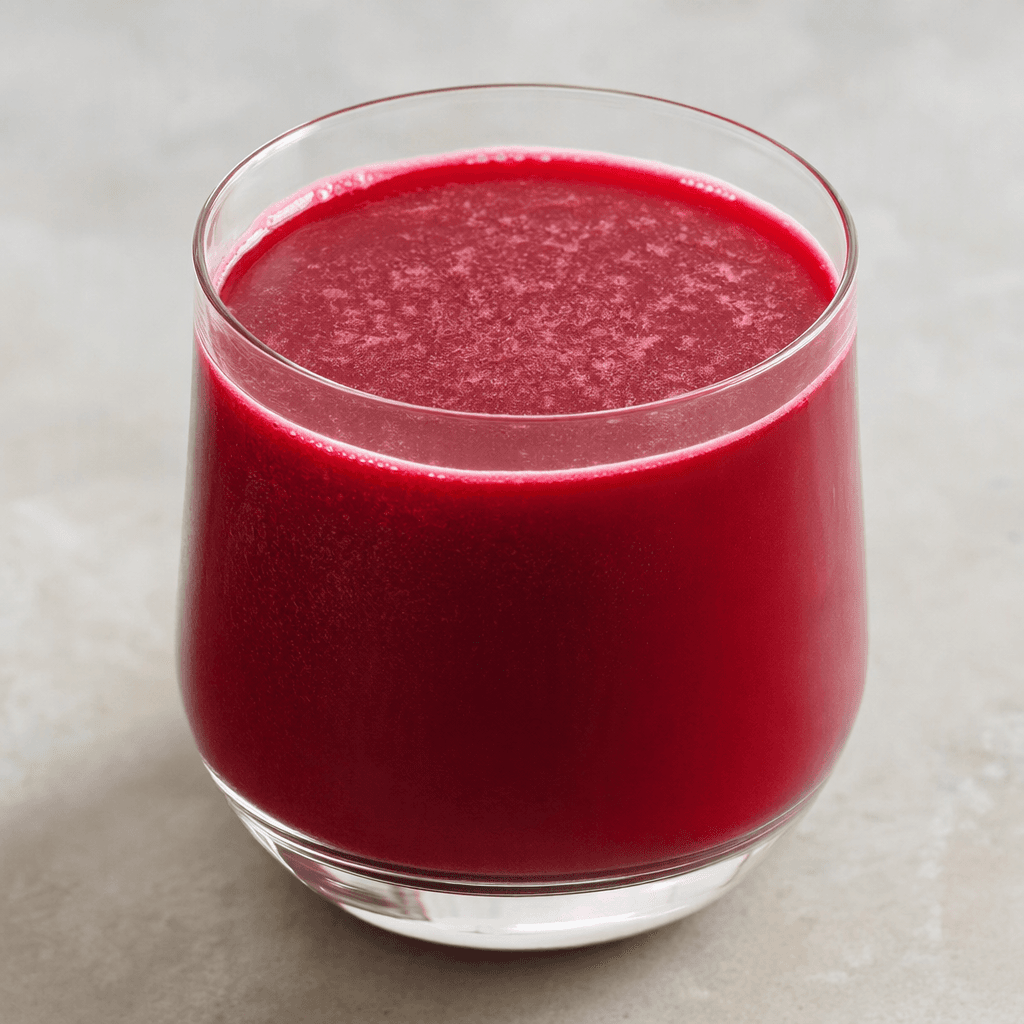 An opaque, deep burgundy-red fermented beetroot drink, with a slightly cloudy appearance, served in a clear glass.