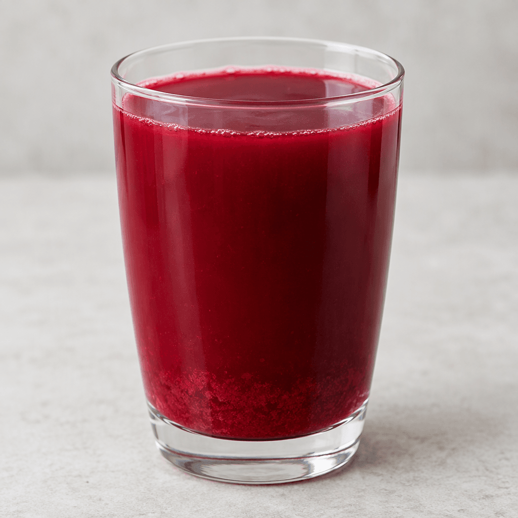 A deep ruby-red, slightly cloudy beetroot drink is poured into a clear glass, with a smooth surface and a faint reddish sediment near the bottom.