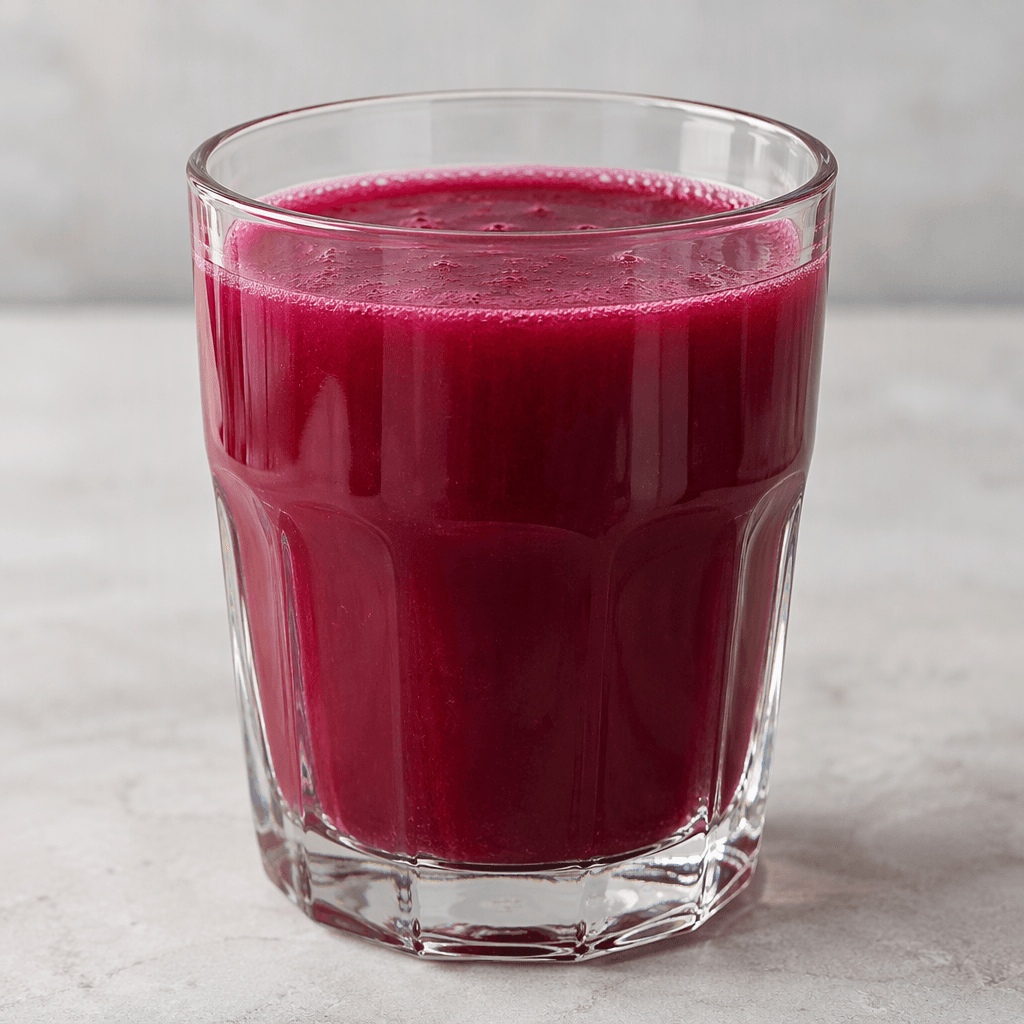 A cloudy, deep reddish-purple liquid with a smooth, opaque appearance, served in a clear glass.