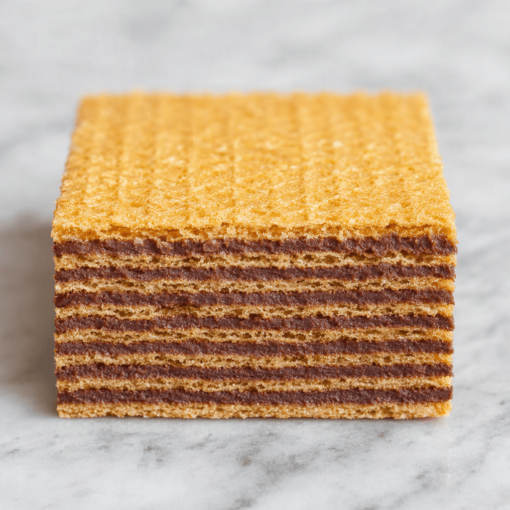A rectangular wafer bar has nine thin, crisp golden layers alternating with dark cocoa-colored filling, with the stacked layers visible along its cut edge.