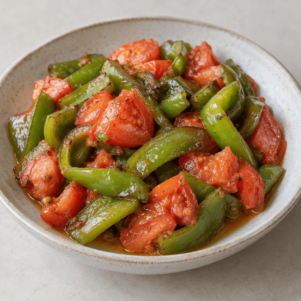 Sliced green peppers and irregular chunks of glossy red tomato, softened and lightly browned in places, are piled in a shallow serving dish with a small amount of visible juices.