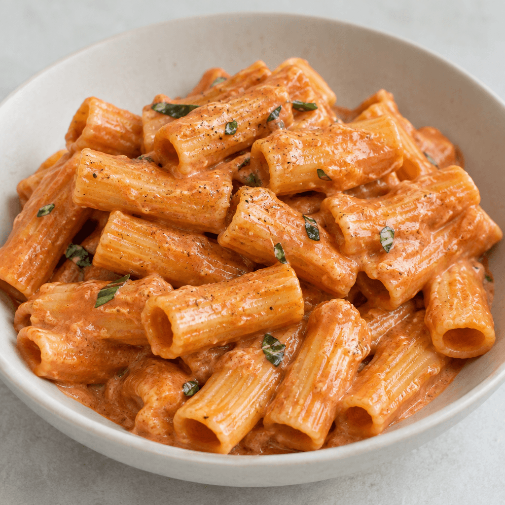Pasta is piled in a shallow bowl, each piece coated in a smooth glossy tomato-cream sauce that ranges from soft coral to pale orange-red, with creamy streaks clinging to the ridges and pooling lightly beneath.