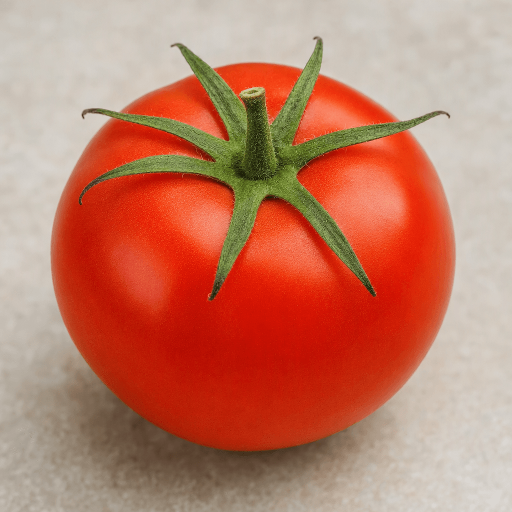 A medium-sized, round red tomato with smooth, slightly glossy skin and a small green stem attached.
