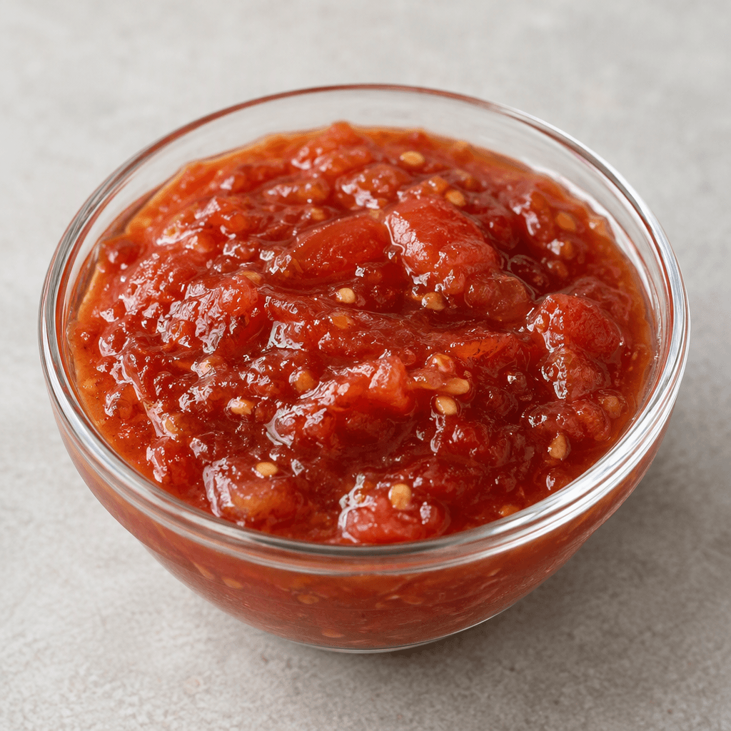 A thick, glossy ruby-red tomato preserve with visible soft tomato pieces and tiny seeds, spooned into a small clear glass bowl with a smooth, slightly chunky surface.