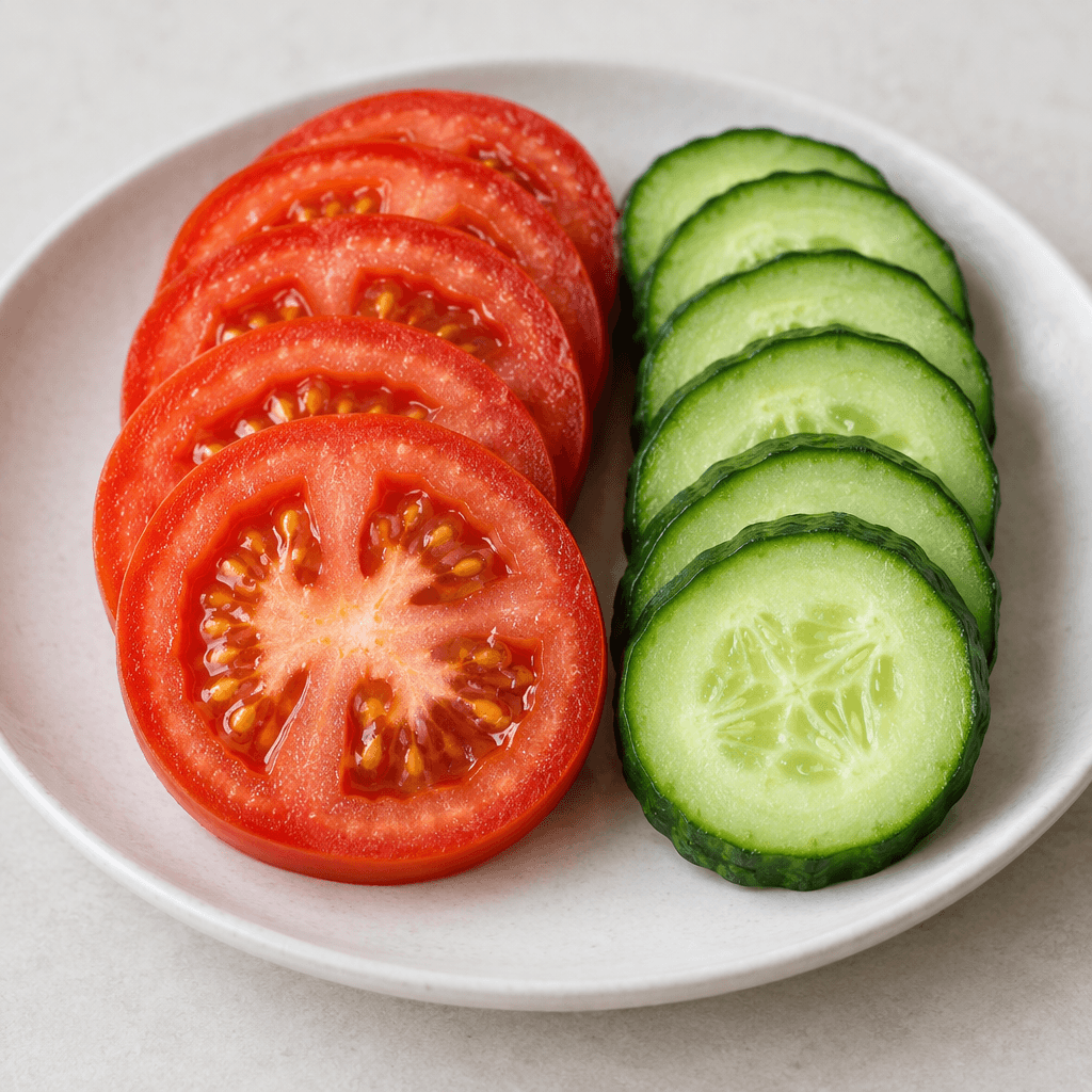 A glossy red tomato and a firm dark-green cucumber are sliced into rounds and arranged side by side on a plate, showing the tomato’s juicy seed-filled interior and the cucumber’s pale, crisp center.
