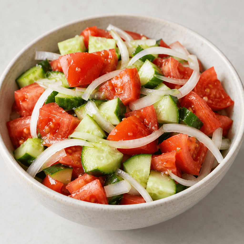 A bowl of chopped tomato, cucumber, and onion salad with bright red tomato pieces, pale green cucumber chunks, and thin white onion slices layered and mixed together, their fresh, moist surfaces visible against the serving dish.