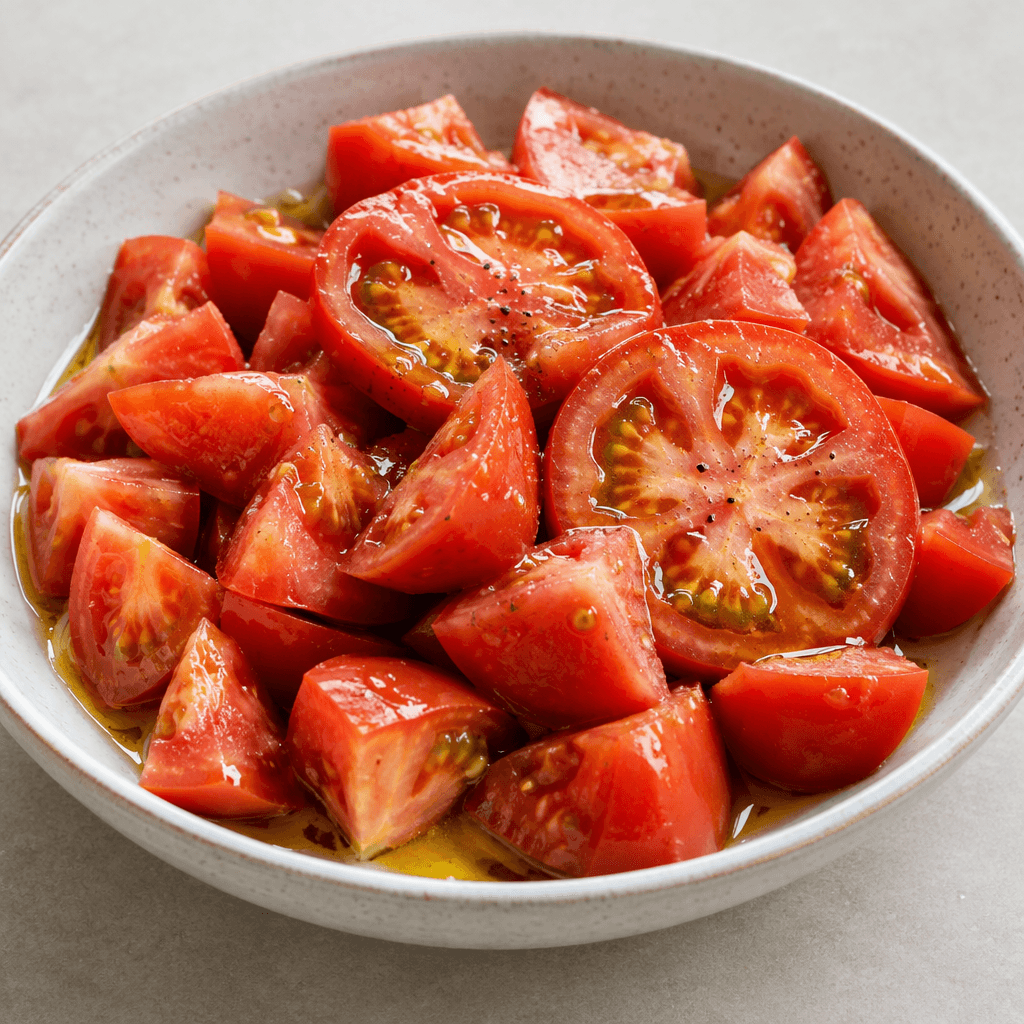 Sliced and roughly chopped ripe red tomatoes are arranged in a shallow serving dish, their juicy cut surfaces and seed-filled centers visible beneath a glossy coating of golden olive oil.