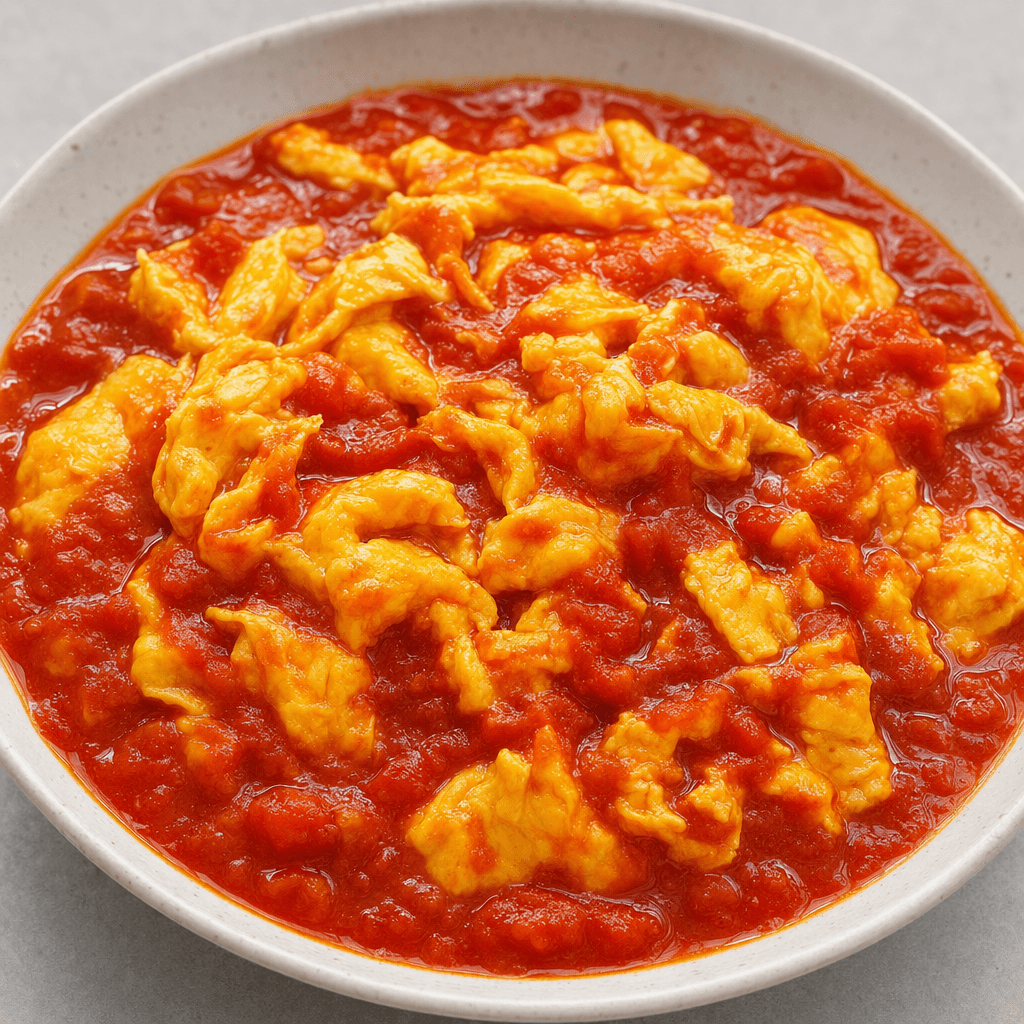 Soft yellow egg curds sit in a glossy brick-red tomato-paste sauce, with a few streaks of red coating the eggs, served in a shallow dish.