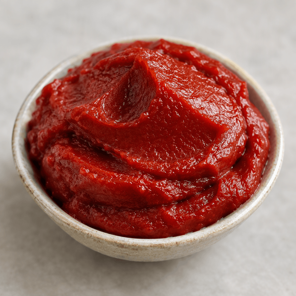 A dense, smooth, glossy deep-red tomato paste sits in a small spoon or shallow dish, holding soft ridges and rounded mounds with no visible pieces or seeds.