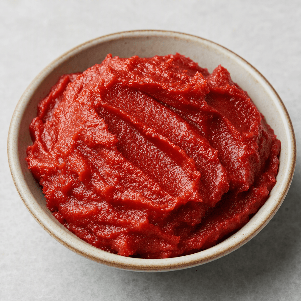 A mound of thick, smooth, deep-red tomato paste sits in a small dish, with a dense, glossy surface and a few ridged marks.