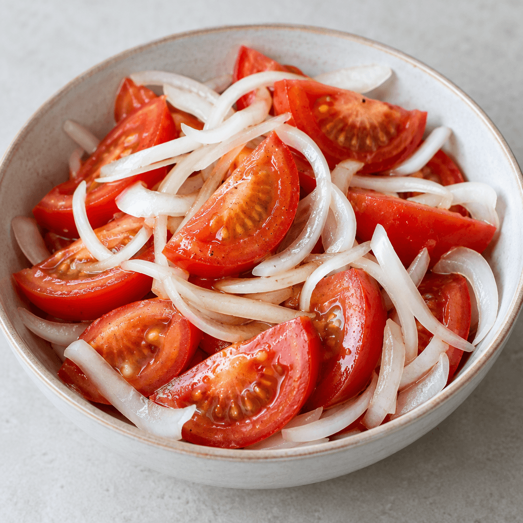 A simple salad of juicy red tomato wedges and thinly sliced white onion arranged in a shallow serving bowl, with the tomatoes’ glossy surfaces contrasting against the onion’s crisp, translucent layers.