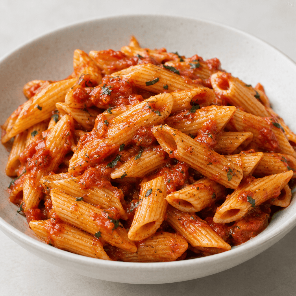Short, diagonally cut ridged pasta tubes are coated in a glossy red tomato sauce and piled in a shallow light-coloured bowl.