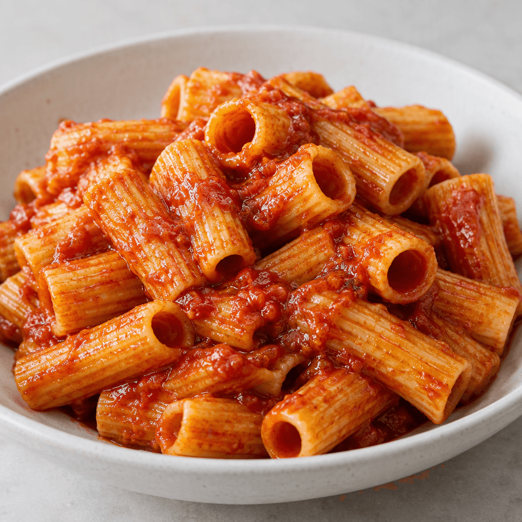 Short, wide, ridged pasta tubes are piled in a shallow bowl and coated in a glossy red tomato sauce, with the sauce visible inside the hollow centers and clinging to the grooves.