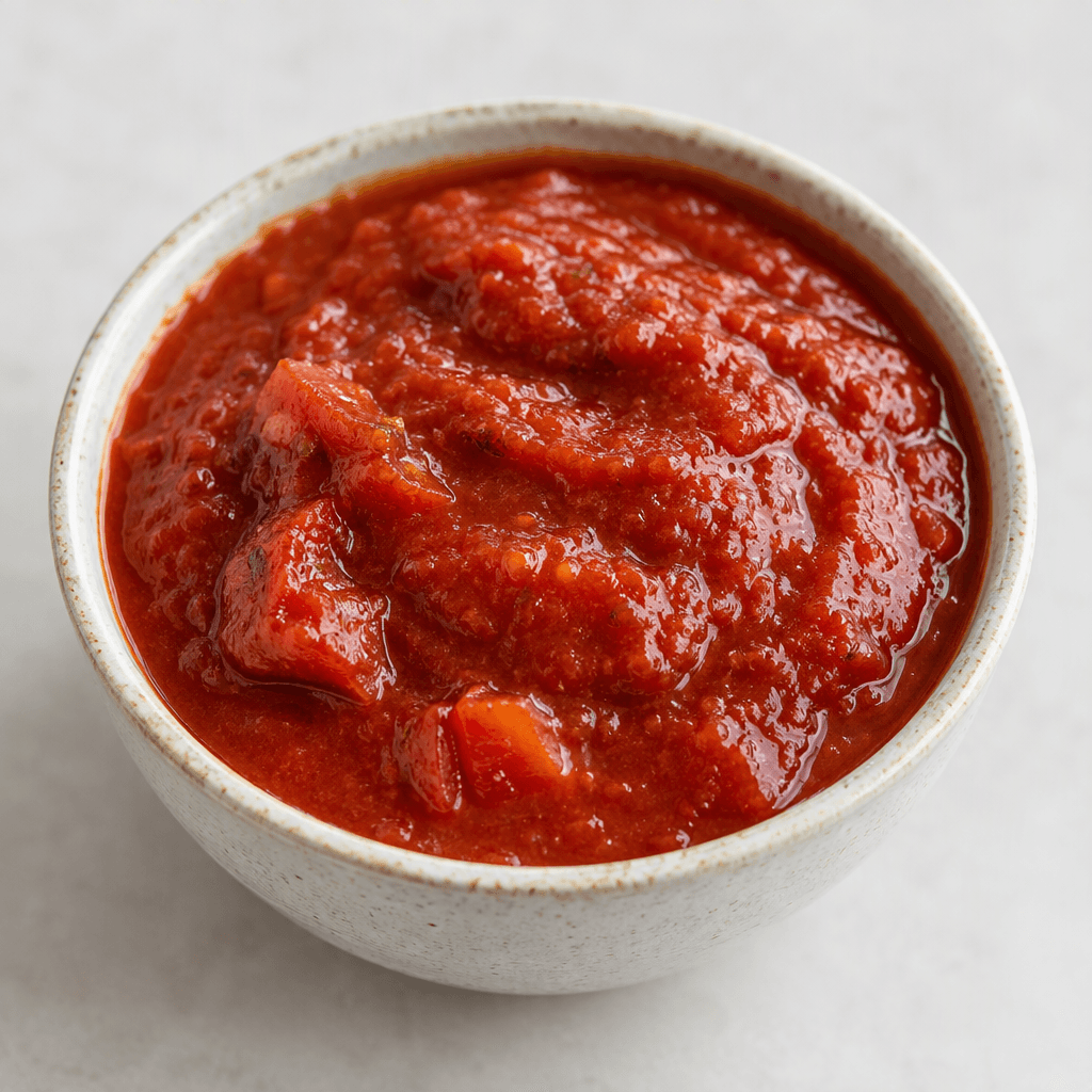 A glossy deep-red tomato sauce with a thick, spoonable texture and a few soft tomato pieces visible, served in a small bowl.