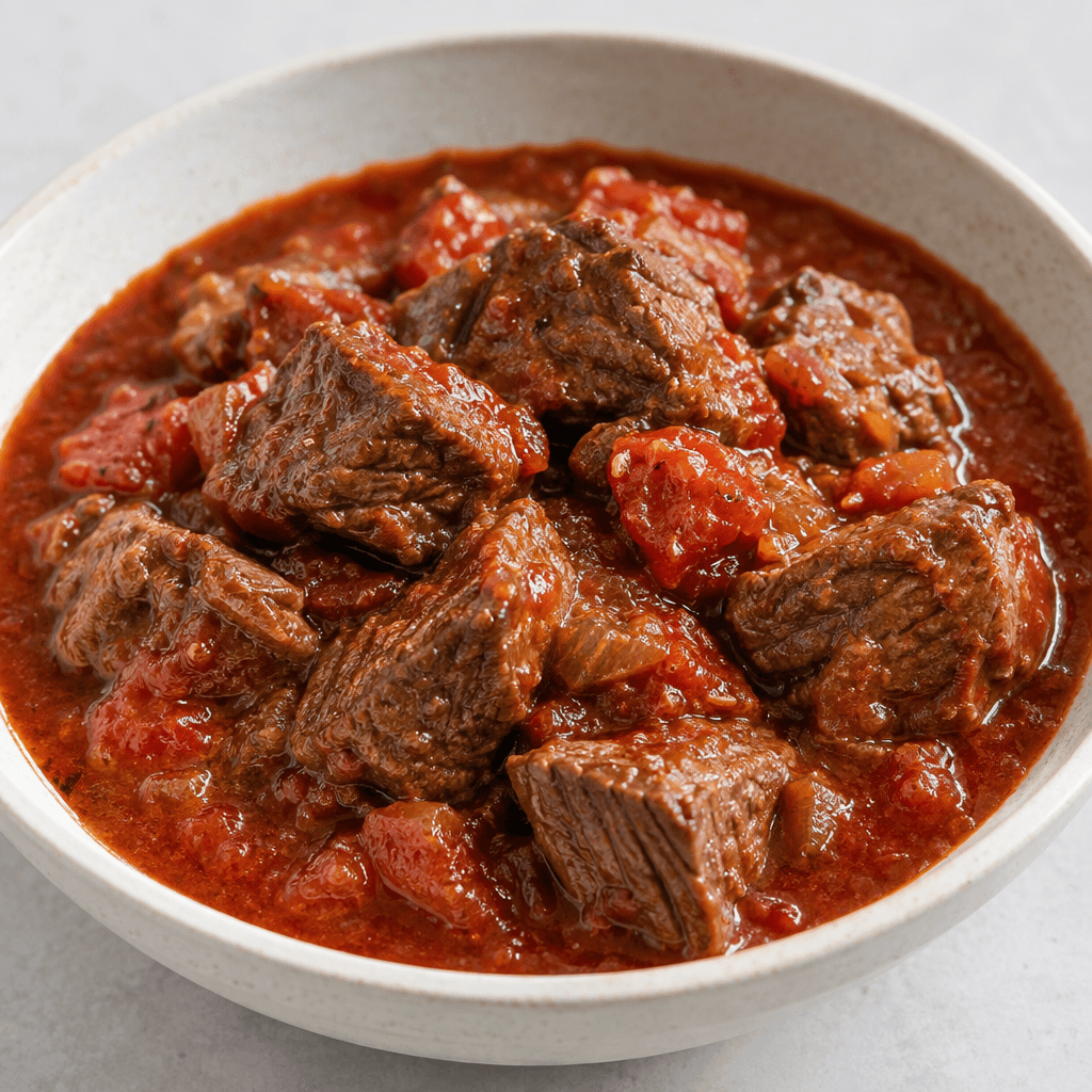 Tender-looking chunks of browned beef sit in a thick, glossy deep-red tomato sauce with visible pieces of softened tomato, served in a shallow bowl.