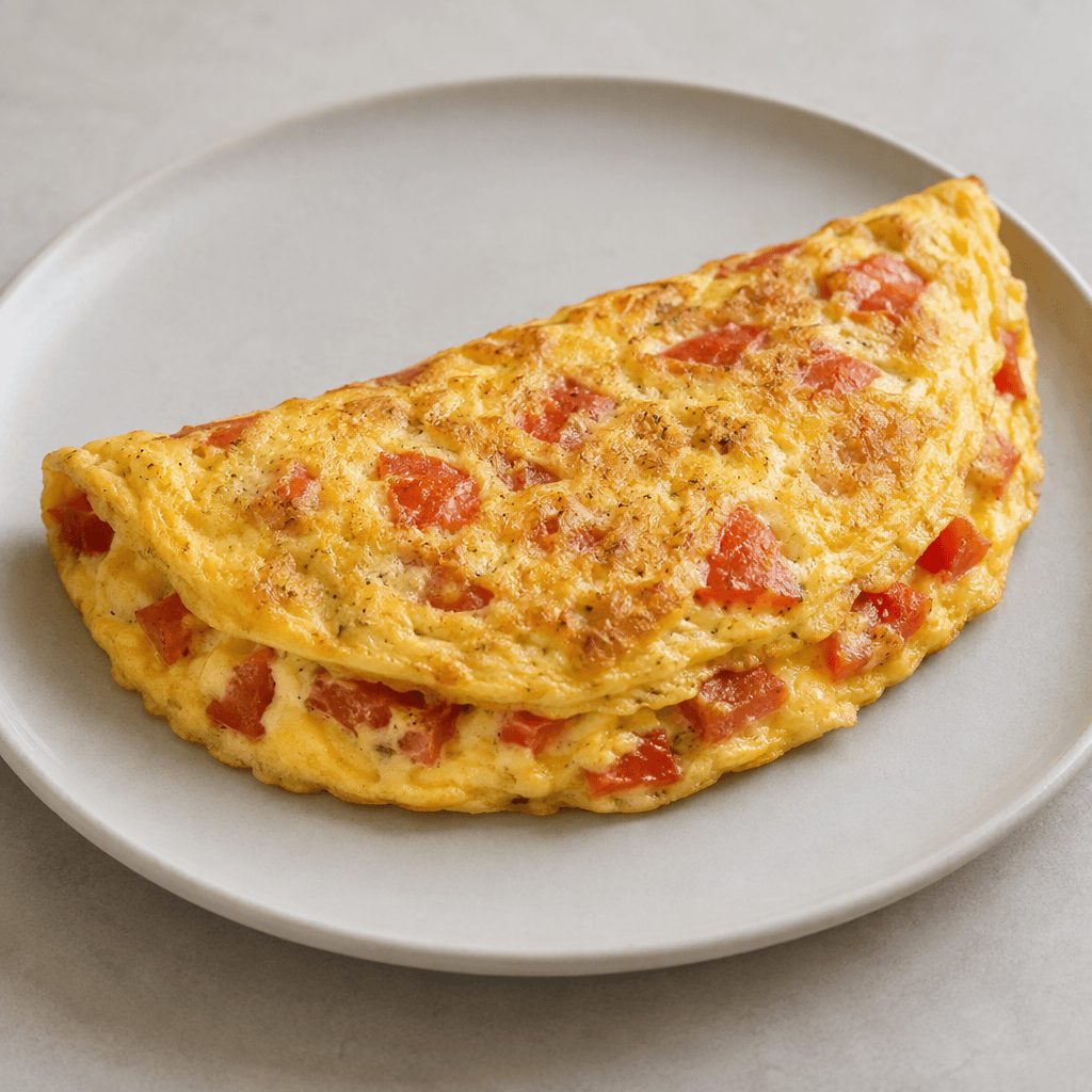 A rustic, softly set golden-yellow omelette with visible red tomato pieces throughout, folded into a thick half-moon and served on a plain plate.