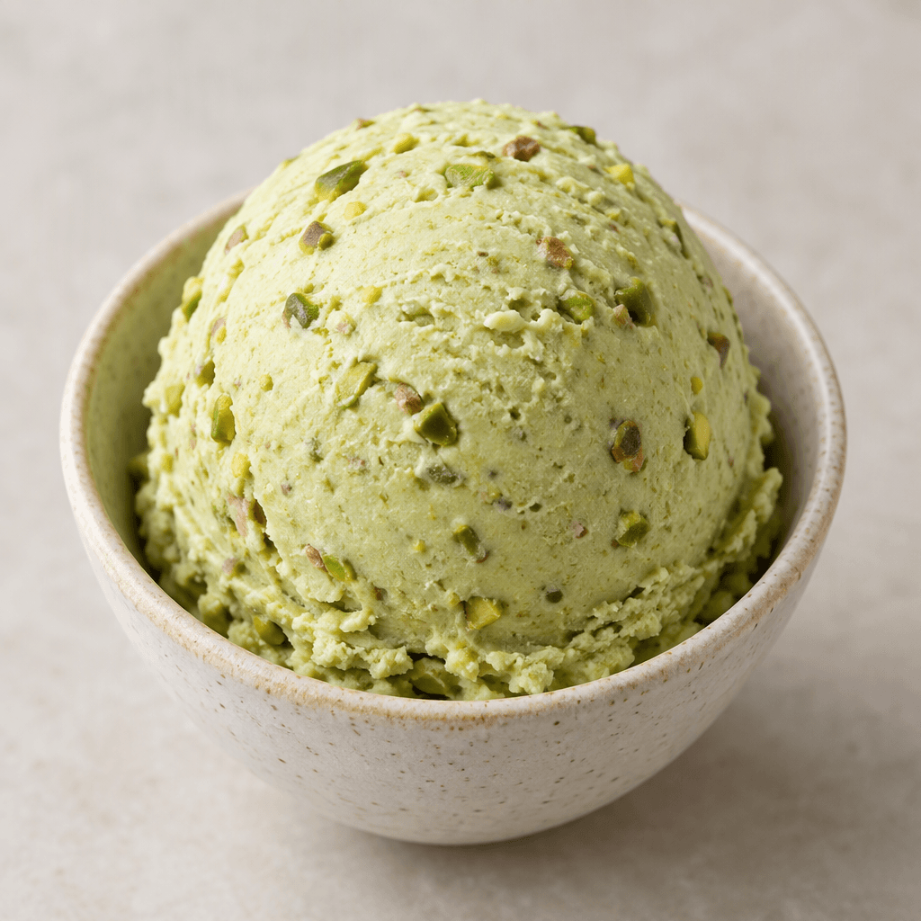 A rounded scoop of pale green pistachio ice cream with a smooth, dense surface and tiny chopped pistachio pieces scattered throughout, served in a small bowl.
