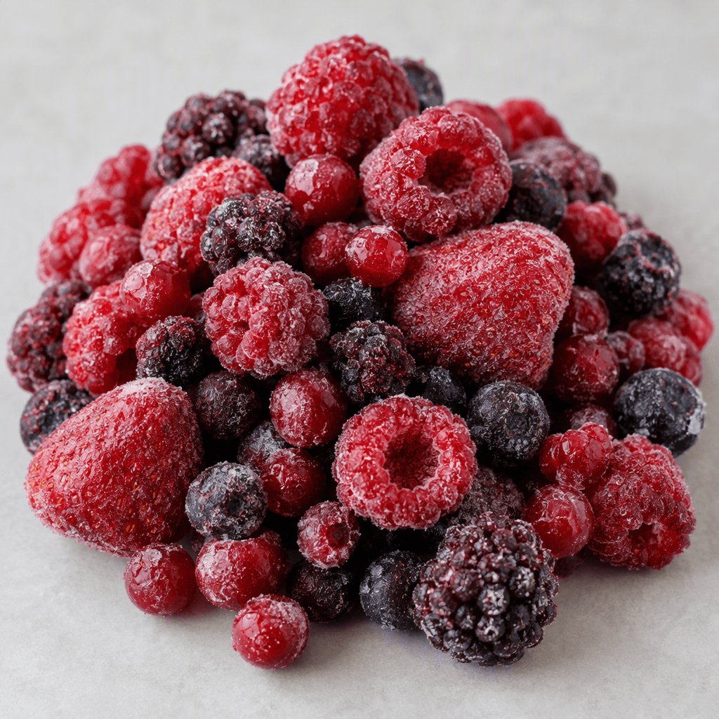 A loose pile of individually frozen red berries in varied shapes, including small round and softly irregular pieces, with deep crimson to ruby-red colour and a light coating of white frost crystals.