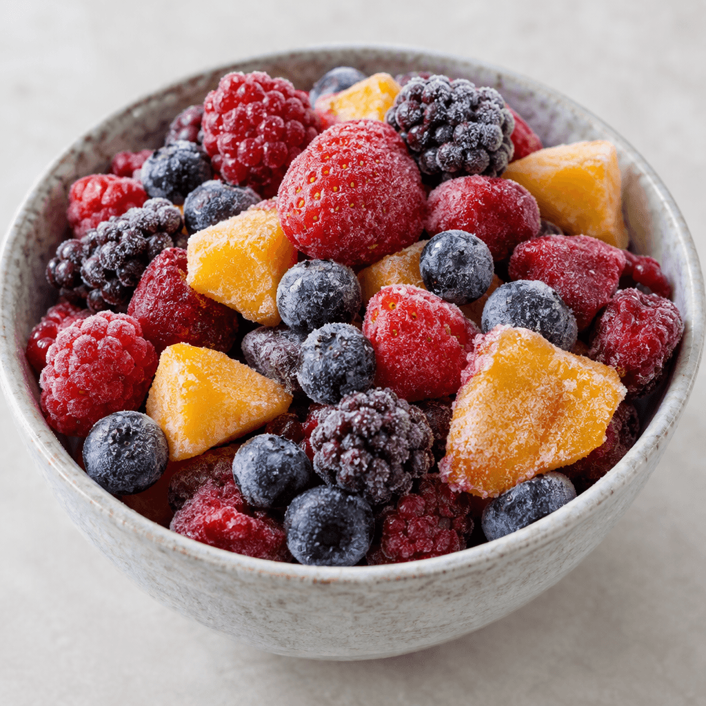 An assortment of frozen fruit pieces, including whole berries and irregular chunks in deep red, purple, blue, and yellow-orange tones, with a hard, frosty surface and small ice crystals visible on a chilled serving dish.