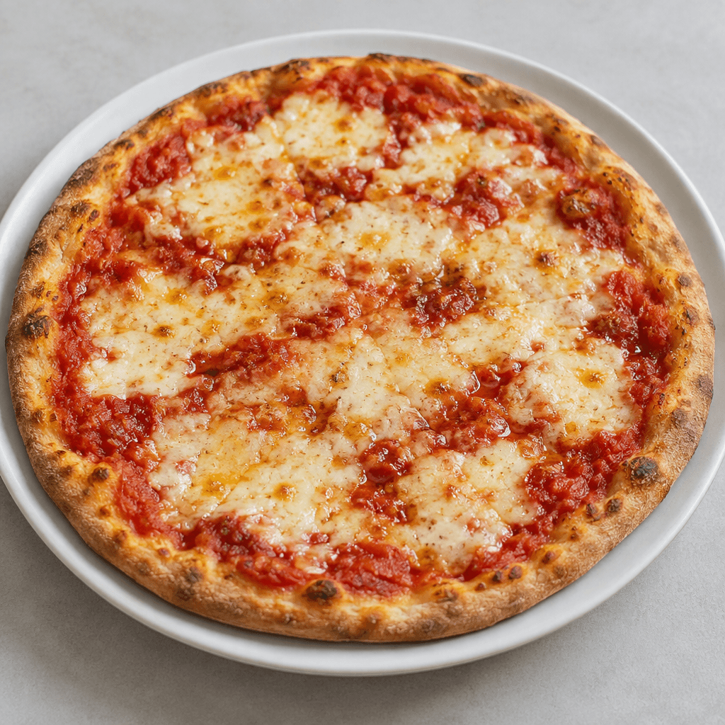 Düz ve yuvarlak pizza, hafif kızarmış gevrek görünümlü bir kenar hamuru, görünen kırmızı domates sosu ve üzerine düzensizce yayılmış erimiş açık sarı peynir tabakasıyla sade bir tabakta sunuluyor.