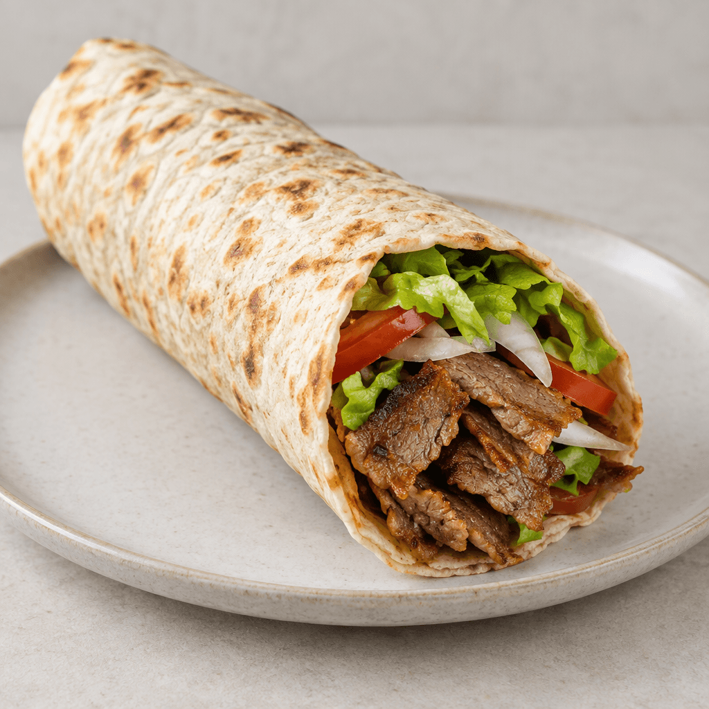 A long, tightly rolled thin flatbread rests on a plate, its open end showing browned döner meat strips with green lettuce, red tomato and pale onion.