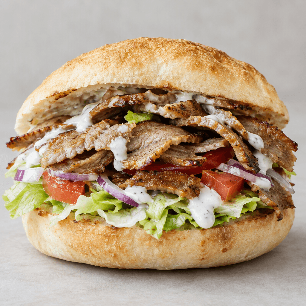 A split, lightly toasted white bread roll is filled with thin, folded slices of browned layered meat, pale green lettuce, red tomato pieces, and purple onion, with creamy white sauce visible between the ingredients and spilling slightly from the opening.