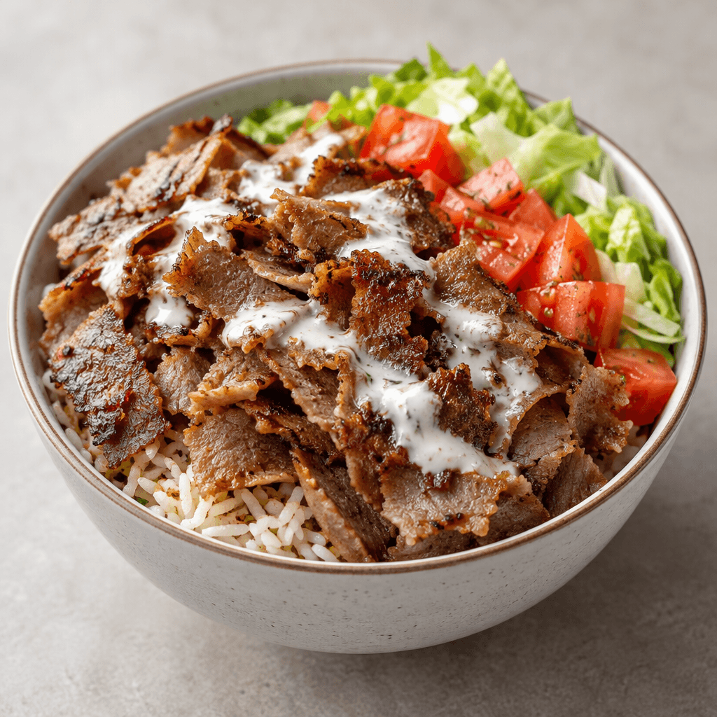 Bir kâsede pilavın üzerine ince, kıvrımlı ve kızarmış döner dilimleri konmuş; yanında doğranmış domates ve marul, üstünde de hafifçe gezdirilmiş sos görülüyor.