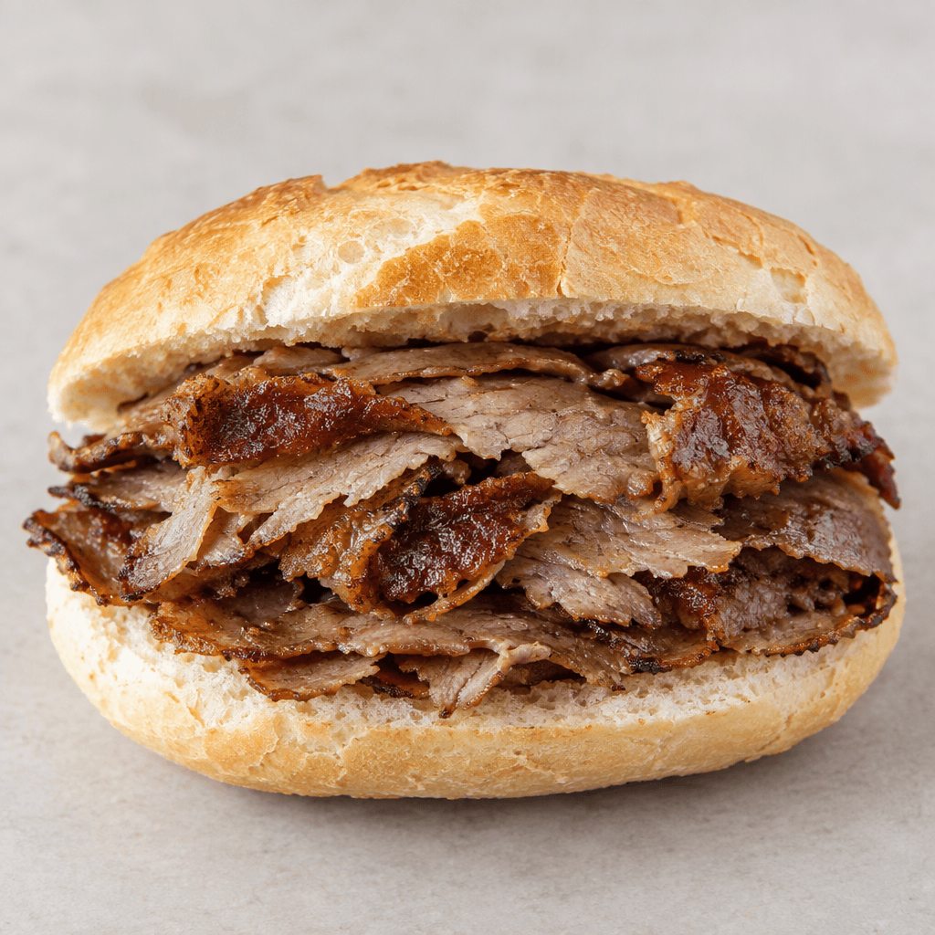 A split oval white bread roll filled with thin, overlapping slices of browned döner meat, showing crisp darker edges and a layered, tender-looking interior.