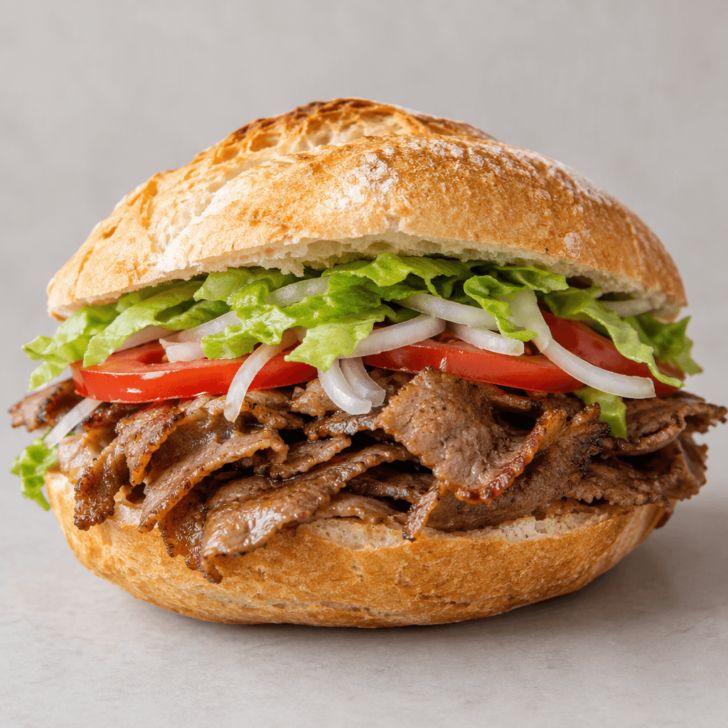 Hafif kızarmış, kabuklu ekmek ortasından açılmış; içine ince döner eti dilimleri, kırmızı domates, açık renkli soğan ve yeşil marul doldurulmuş, malzemeler ekmeğin kenarlarından görünür.