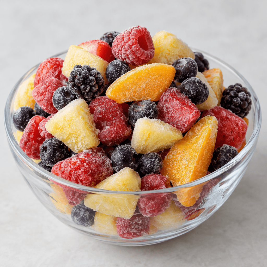 A loose mound of assorted frozen fruit pieces, including bright red berries, dark purple berries, pale yellow chunks and orange slices, with frosty crystalline surfaces and irregular shapes, served in a clear bowl.