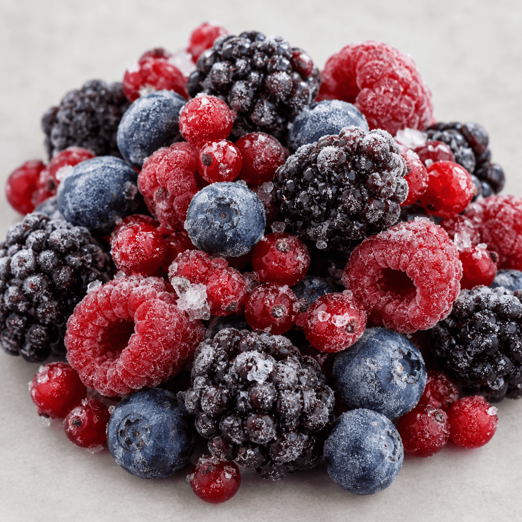 A loose mixture of frozen berries—deep red raspberries, dark purple-blackberries, blue-purple blueberries and small red currants—clustered together with a frosty, icy coating and a few translucent ice crystals.