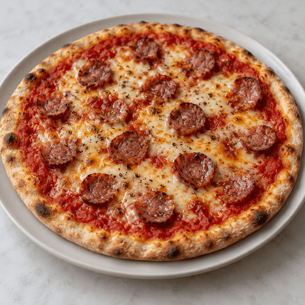 A round, thin-crust pizza with a lightly browned rim, red tomato sauce, melted pale-yellow cheese, and scattered reddish sausage slices, served whole on a plate.