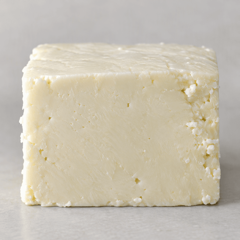 A pale ivory-white cheese sits in a simple rectangular block, with a smooth, slightly moist surface and a few small crumbly edges.