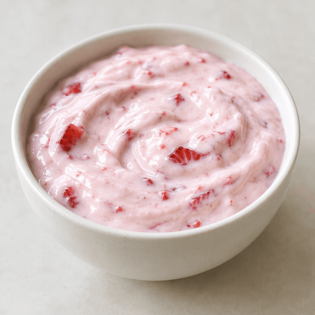 Thick, creamy pale-pink strawberry yogurt with a few small red fruit pieces visible throughout.