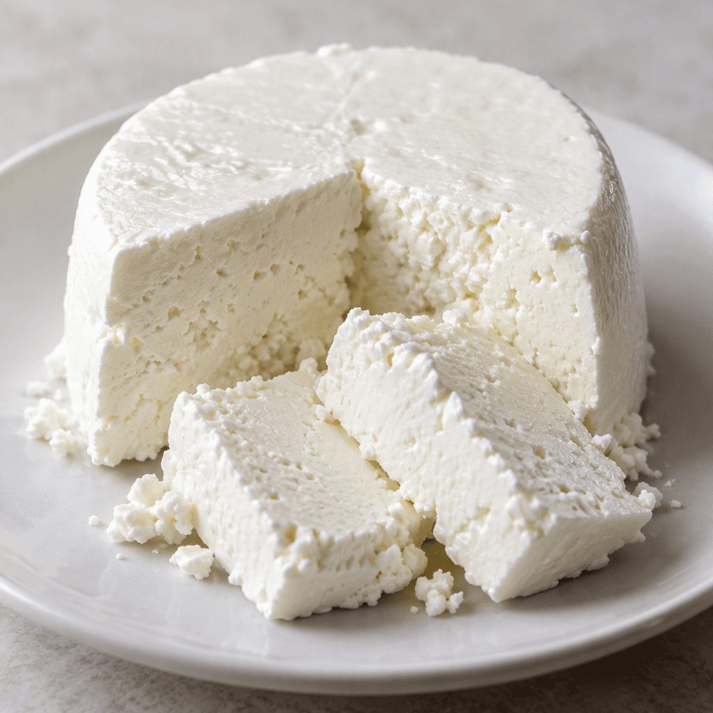 A compact, bright-white block of strained cheese with a moist, smooth surface and slightly crumbly edges, cut into pieces on a plain plate.