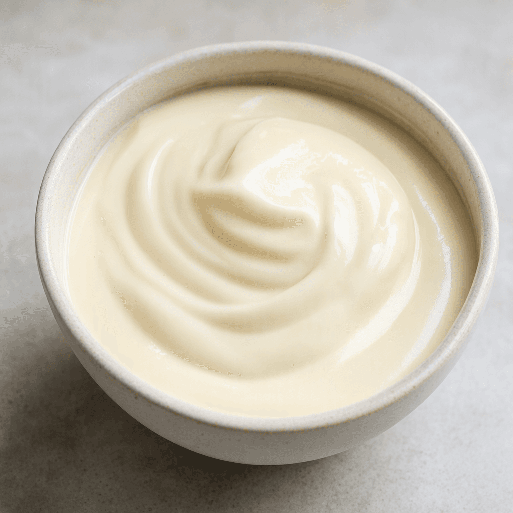 A smooth, glossy, pale ivory cream sits in a small bowl, thick enough to hold soft ripples yet still pourable.